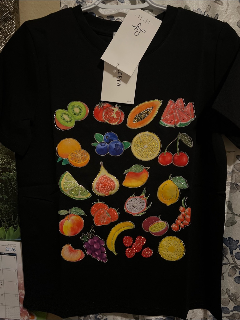 LEEYA Black Fruit Rhinestone Graphic T-Shirt Multicolor NWT